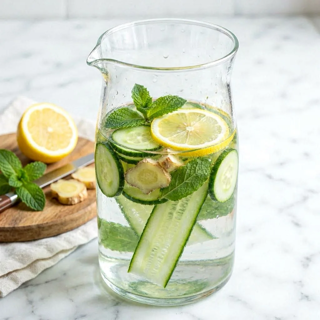 Agua detox de jengibre con pepino y menta