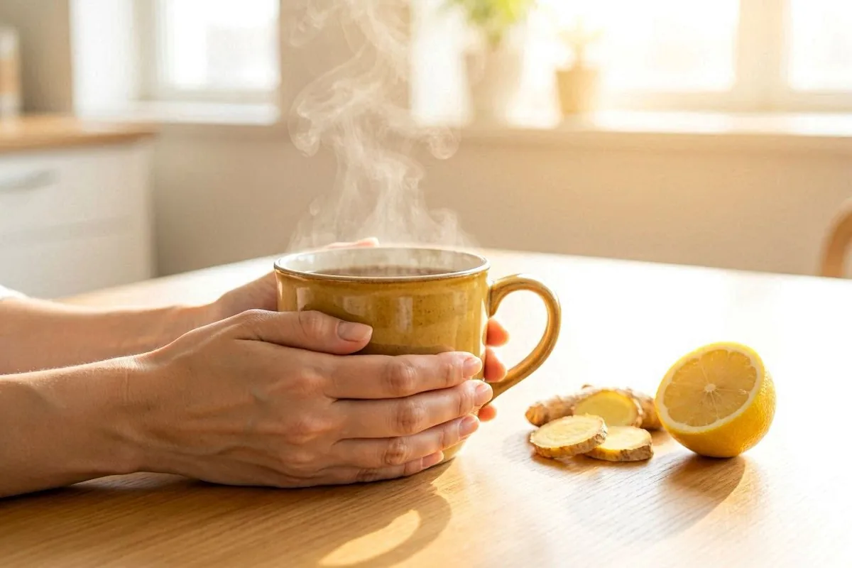Manos sosteniendo taza de té de jengibre