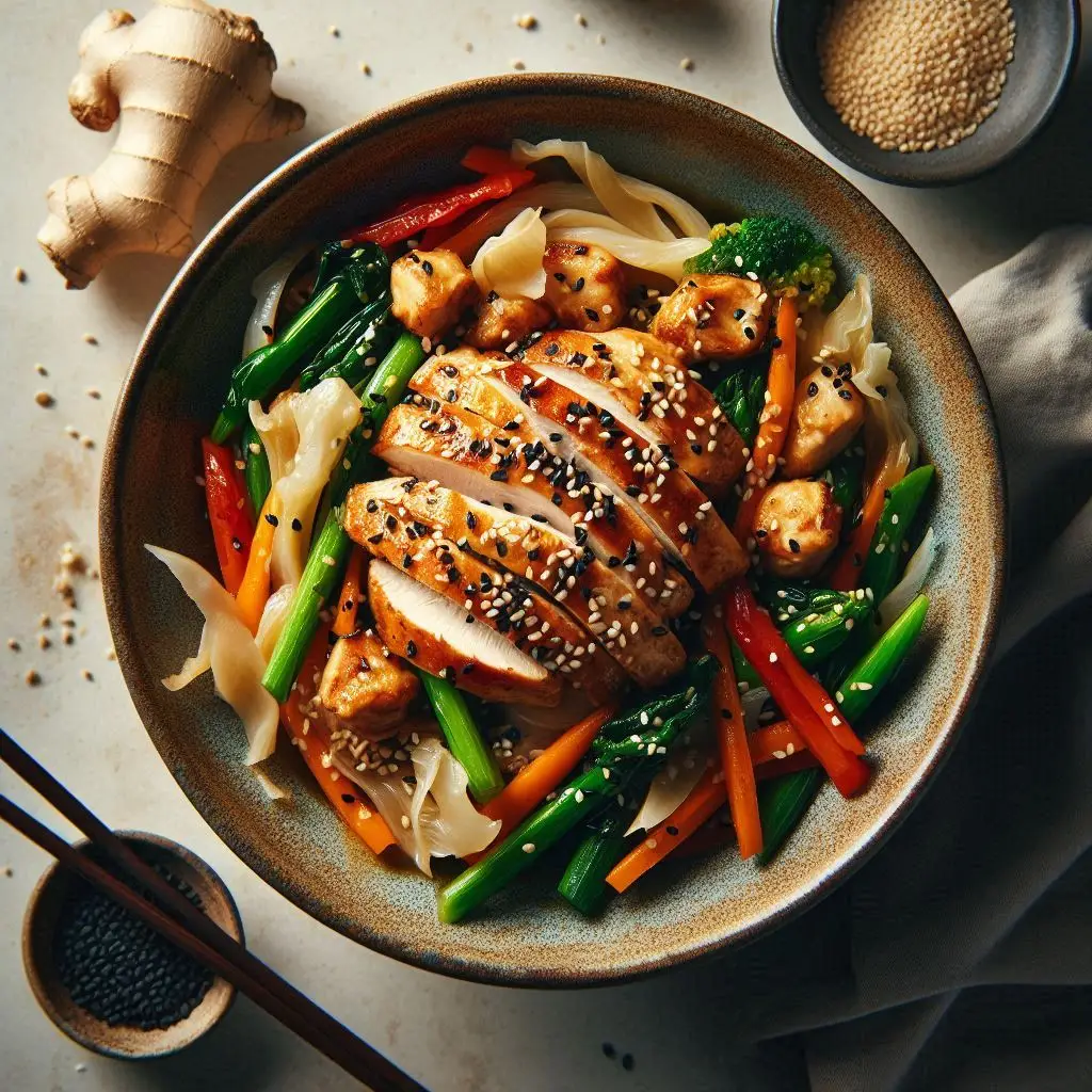 Pollo al jengibre y sésamo con verduras salteadas