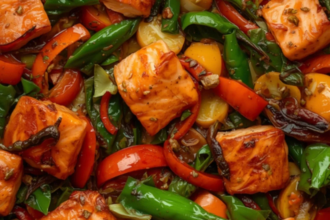 Salmón al jengibre con sésamo y verduras al wok